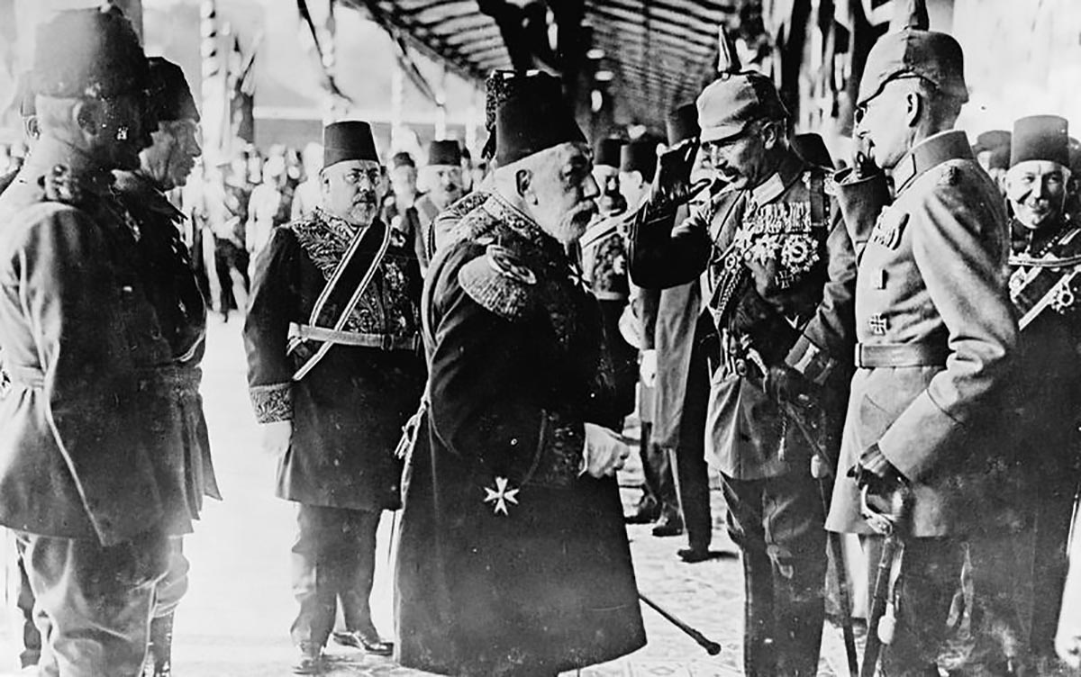 Sultan Mehmed V of Turkey greeting Kaiser Wilhelm II on his arrival at ...